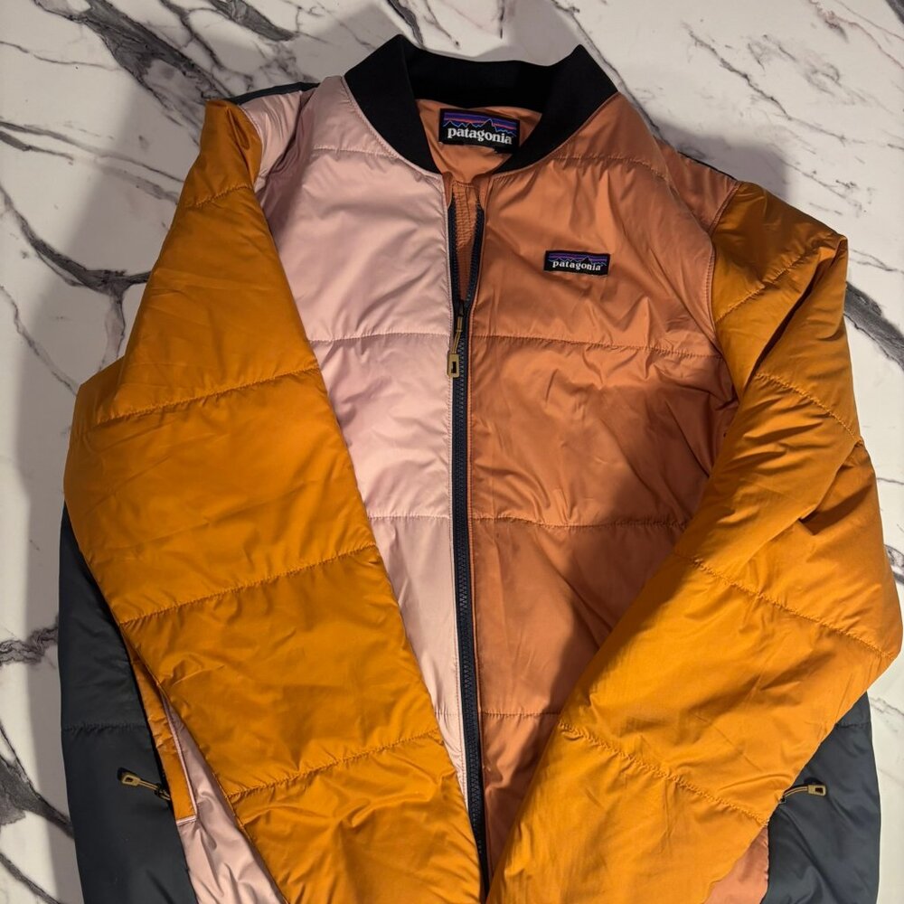 Patagonia Colorblock Puffer Jacket in Mustard Yellow, Peach & Black